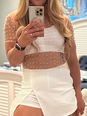 Sheer Nude Pearl-Embellished Top